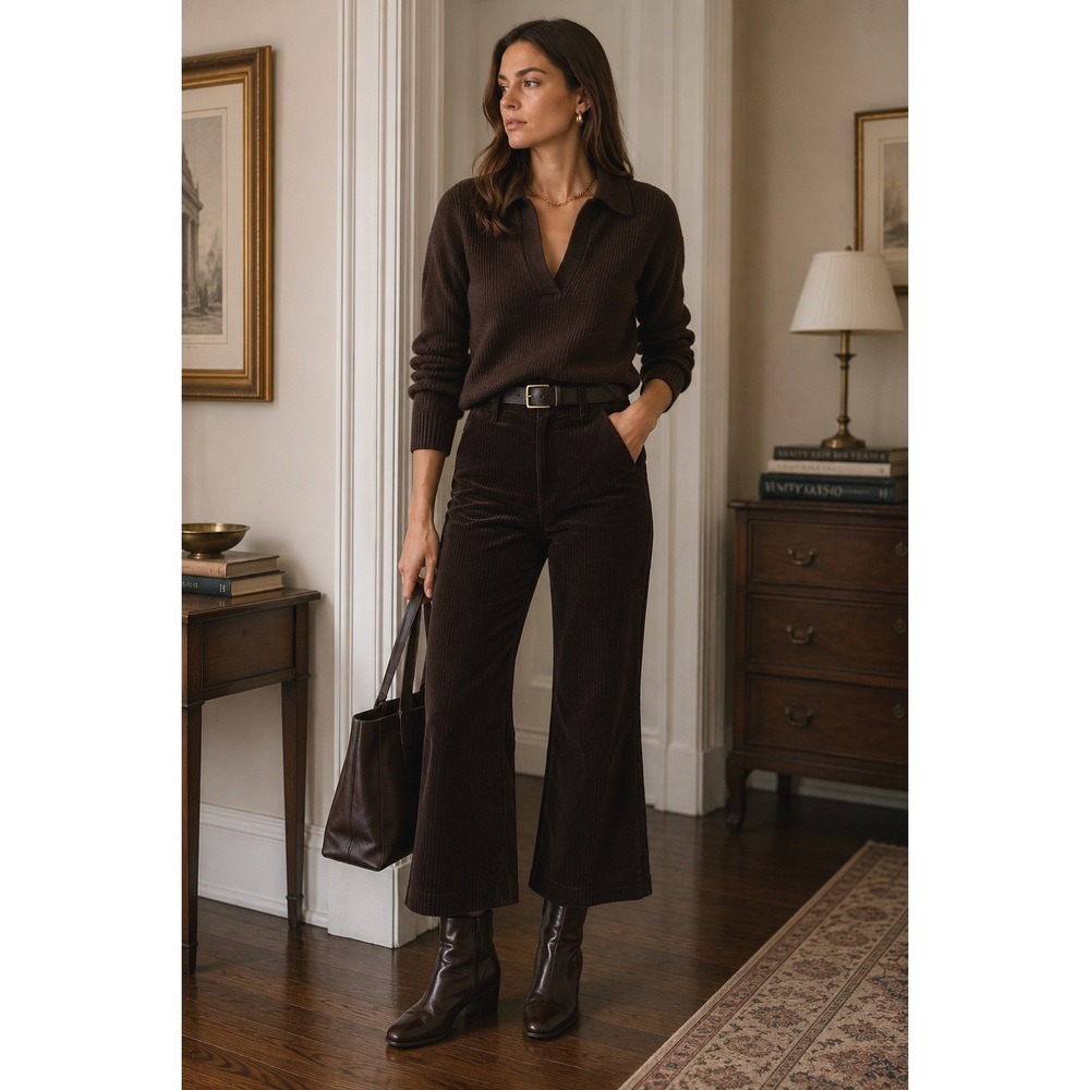 NWT La Ligne Dark Brown Corduroy Wide Leg Crop Pants Old Money Quiet Luxury 6